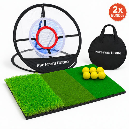 2x Indoor Chipping Net Bundles: each bundle has a pop-up chipping net, tri-surface turf mat, six foam balls and a round carry bag