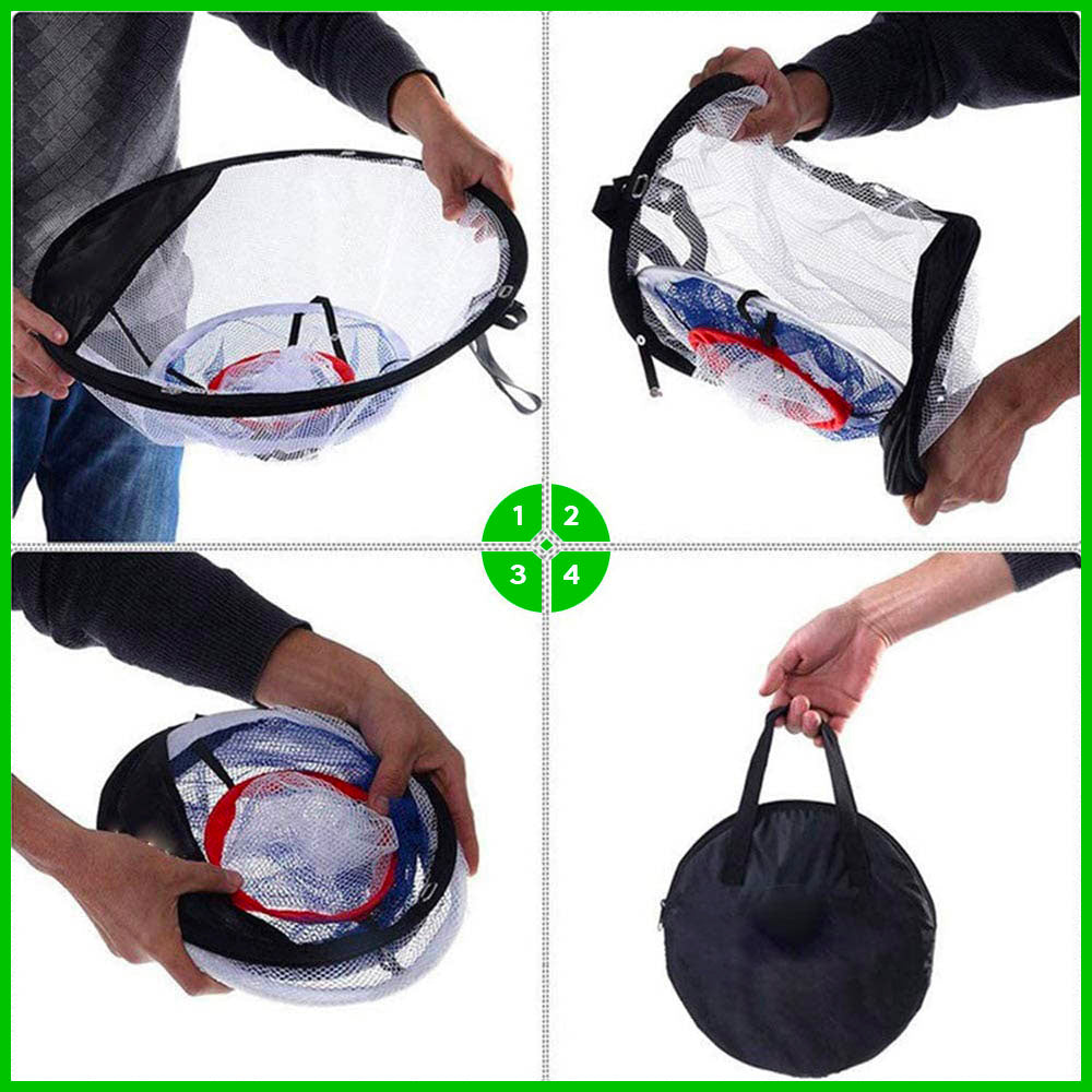 Four steps showing how the chipping net twists down and zips into its round carrying bag