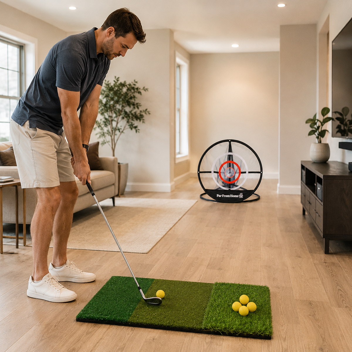 Golfer chipping from the tri-surface mat toward the net in a living room
