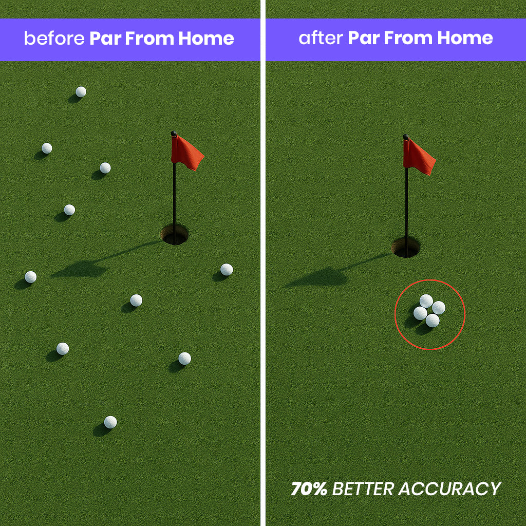 Before and after Par From Home: chip shots scattered across the green versus grouped tightly beside the pin — 70% better accuracy