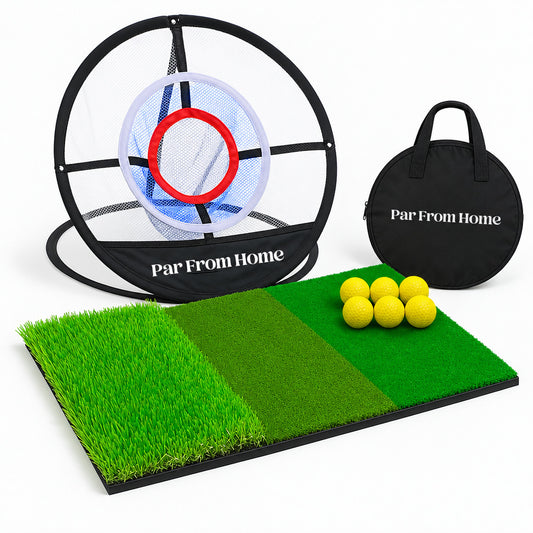 Indoor Chipping Net Bundle: pop-up chipping net, tri-surface turf mat, six yellow foam balls and the round Par From Home carry bag