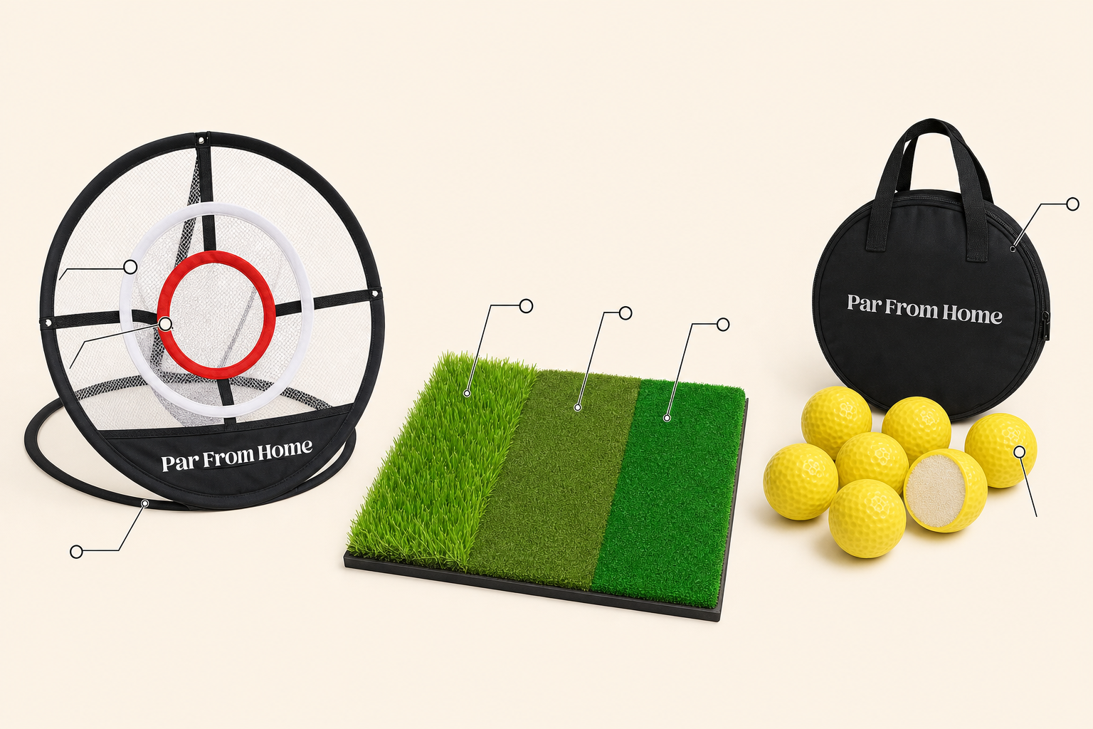 Annotated breakdown of the chipping net, tri-surface mat, and indoor balls